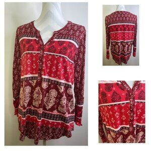 Style & Co Red Floral Contrast Print Top 0X Qtr Button Front V-Neck Long Sleeve